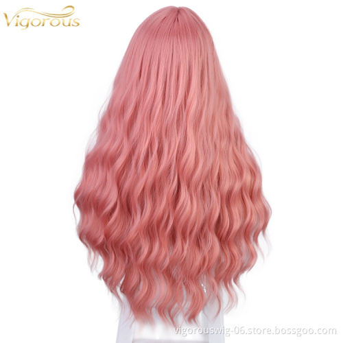 Vigorous Good quality Long Synthetic Heat Resistant Full Cheap Long Pink Fluffy Curly Wavy Hair Wigs With Bangs